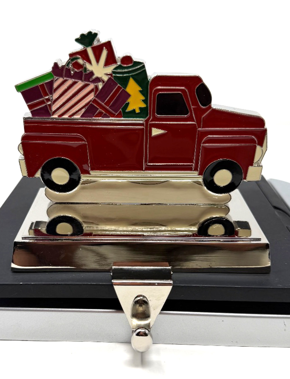 Vintage Red Pickup Truck Christmas Stocking Holder Enamel Gift Design